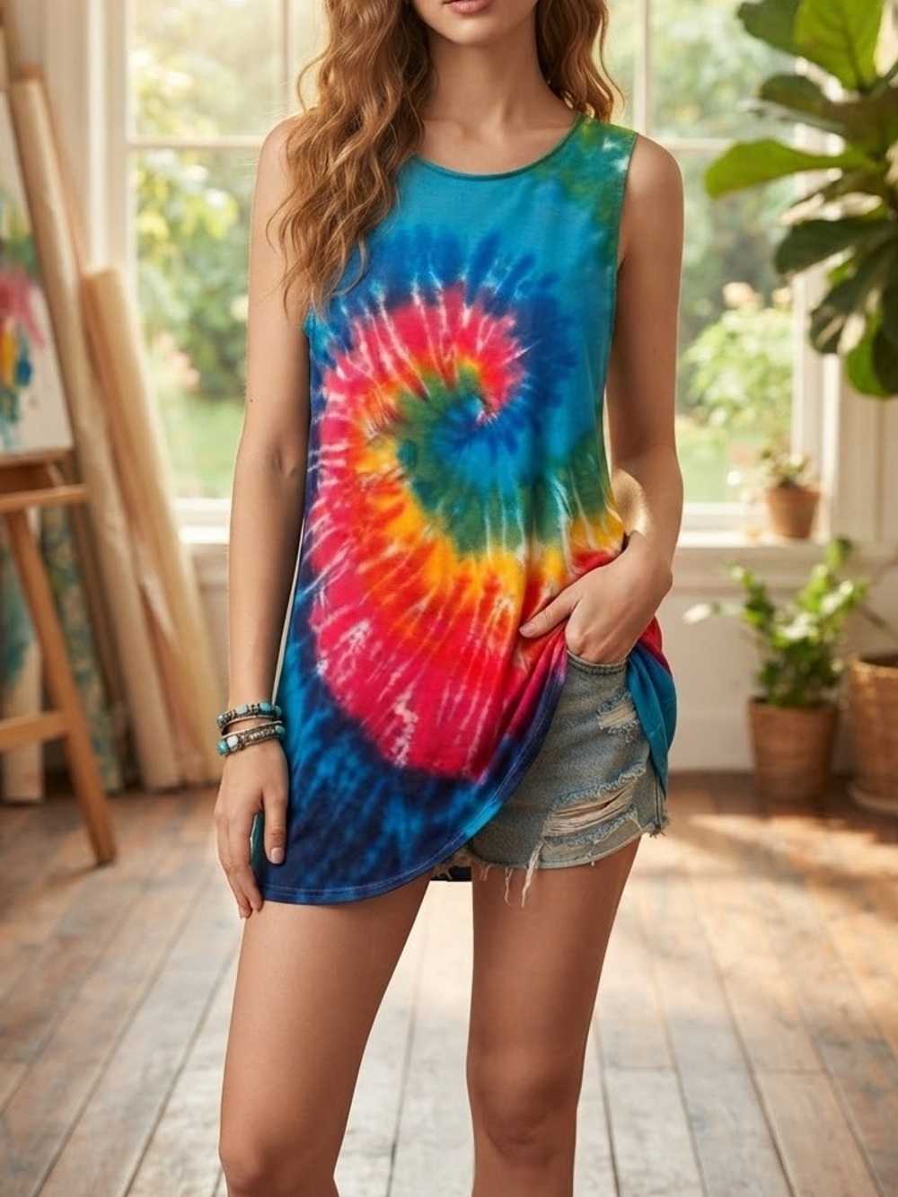 Zanzea Vibrant Rainbow Tie Dye Dress Sleeveless Boho Festival Beach size 14